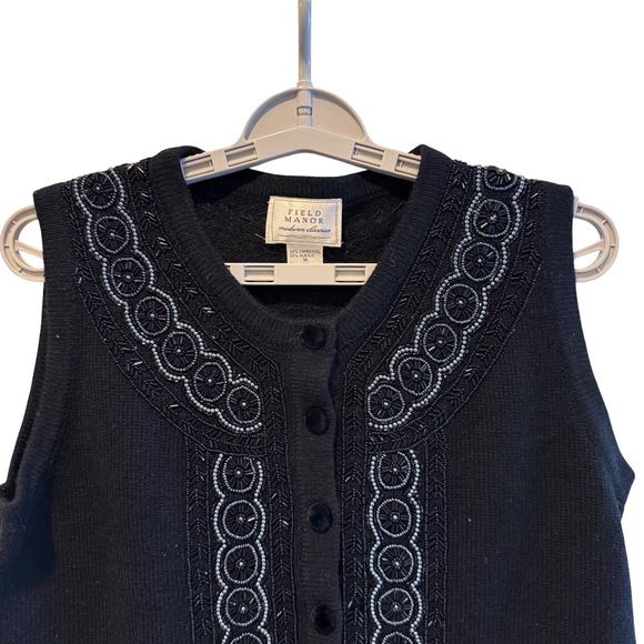 Field Manor Black Lambswool Beaded Button Front Sleeveless Vest Woman's Medium - Picture 2 of 6